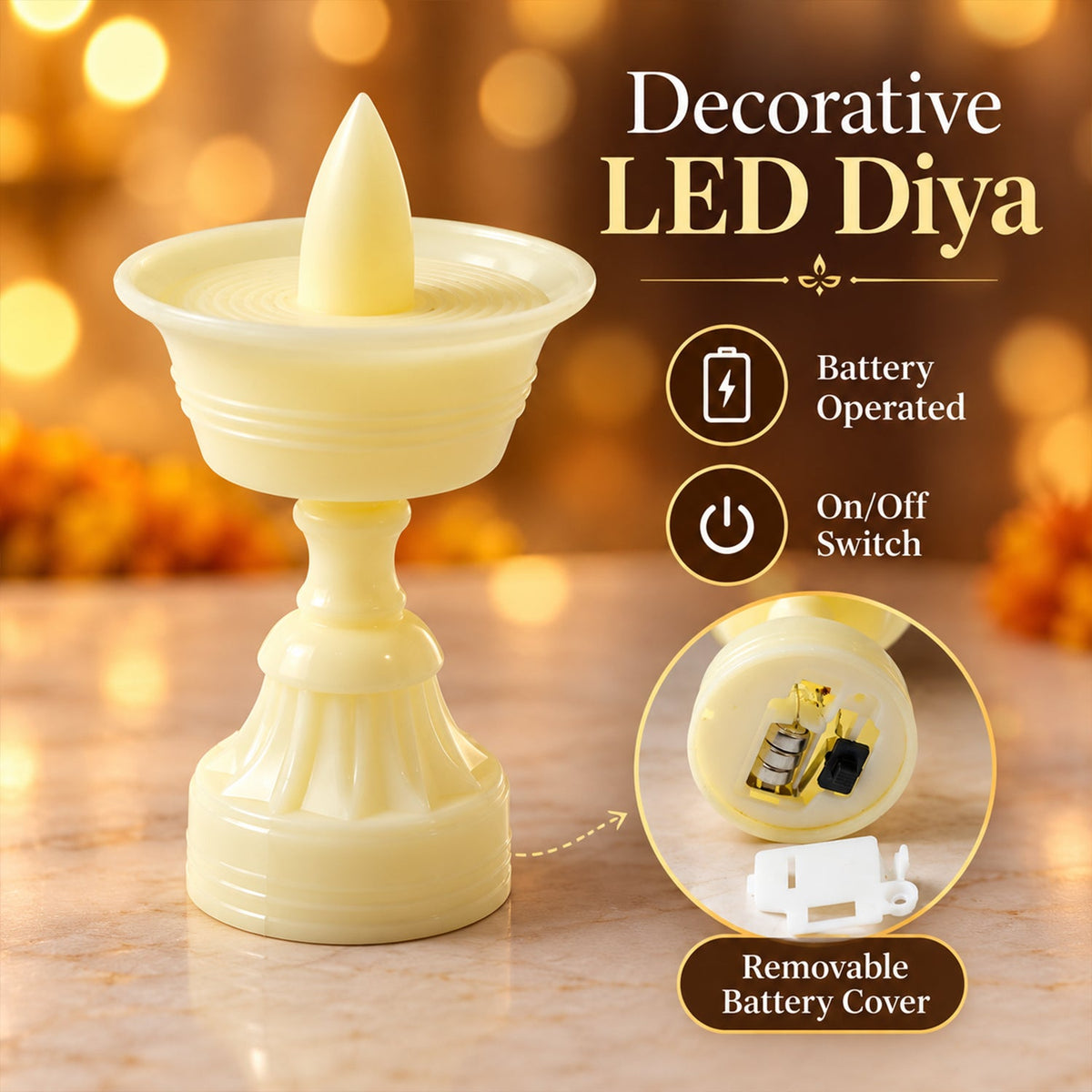 Close up of the battery compartment on the underside of a flameless LED diya