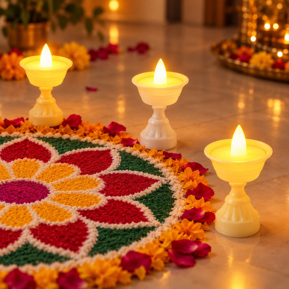 The on off switch located at the bottom of a flameless LED diya