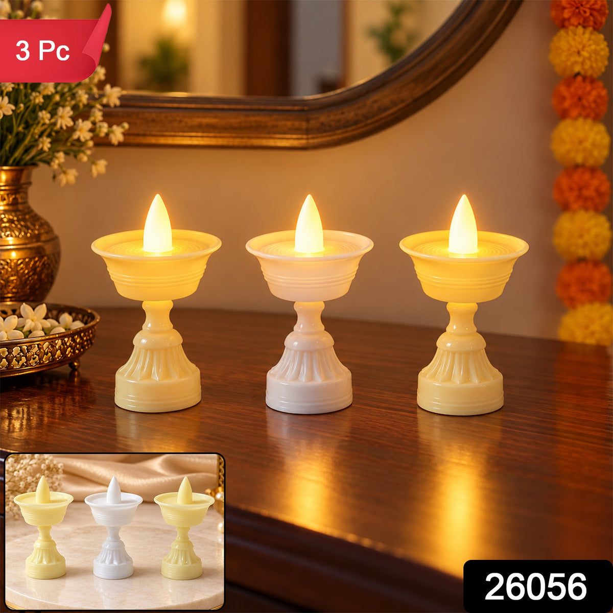 Three flameless LED diyas in a set, showing their pedestal design