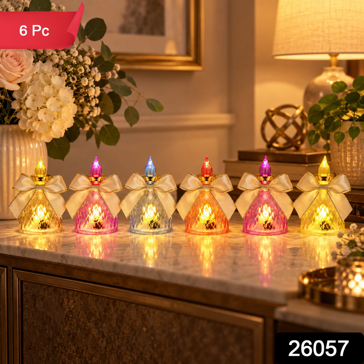 Six decorative LED flameless candles with bows on a marble surface, with a red "6 Pc" label in the corner.