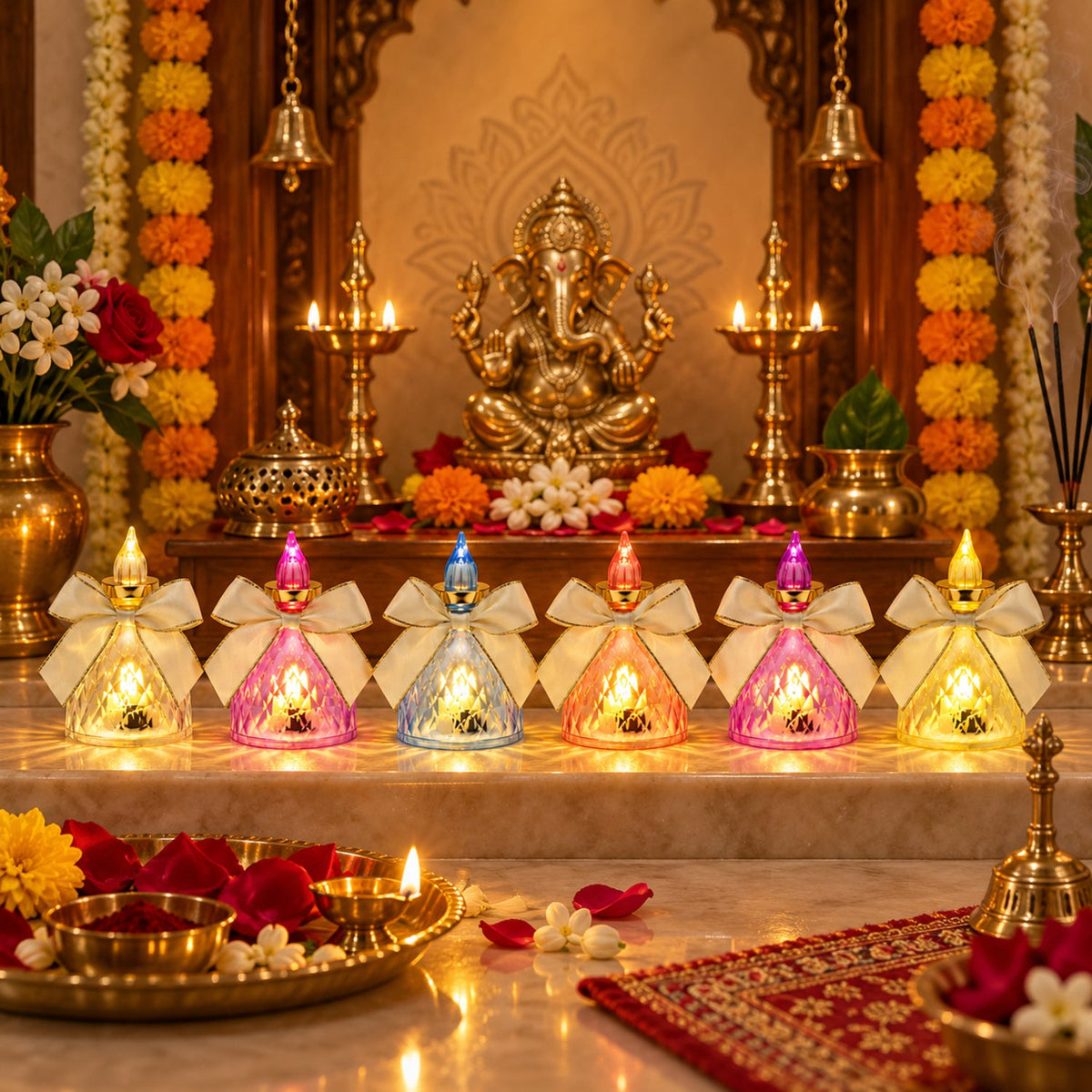 Six vibrant LED flameless candles with bows are arranged before a golden Ganesha statue and floral garlands.