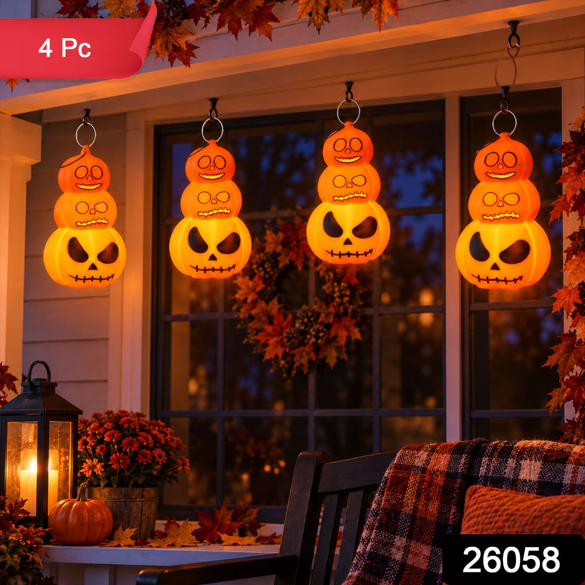 Set of four Halloween 3 Layer Pumpkin LED Hanging Lights on a white background
