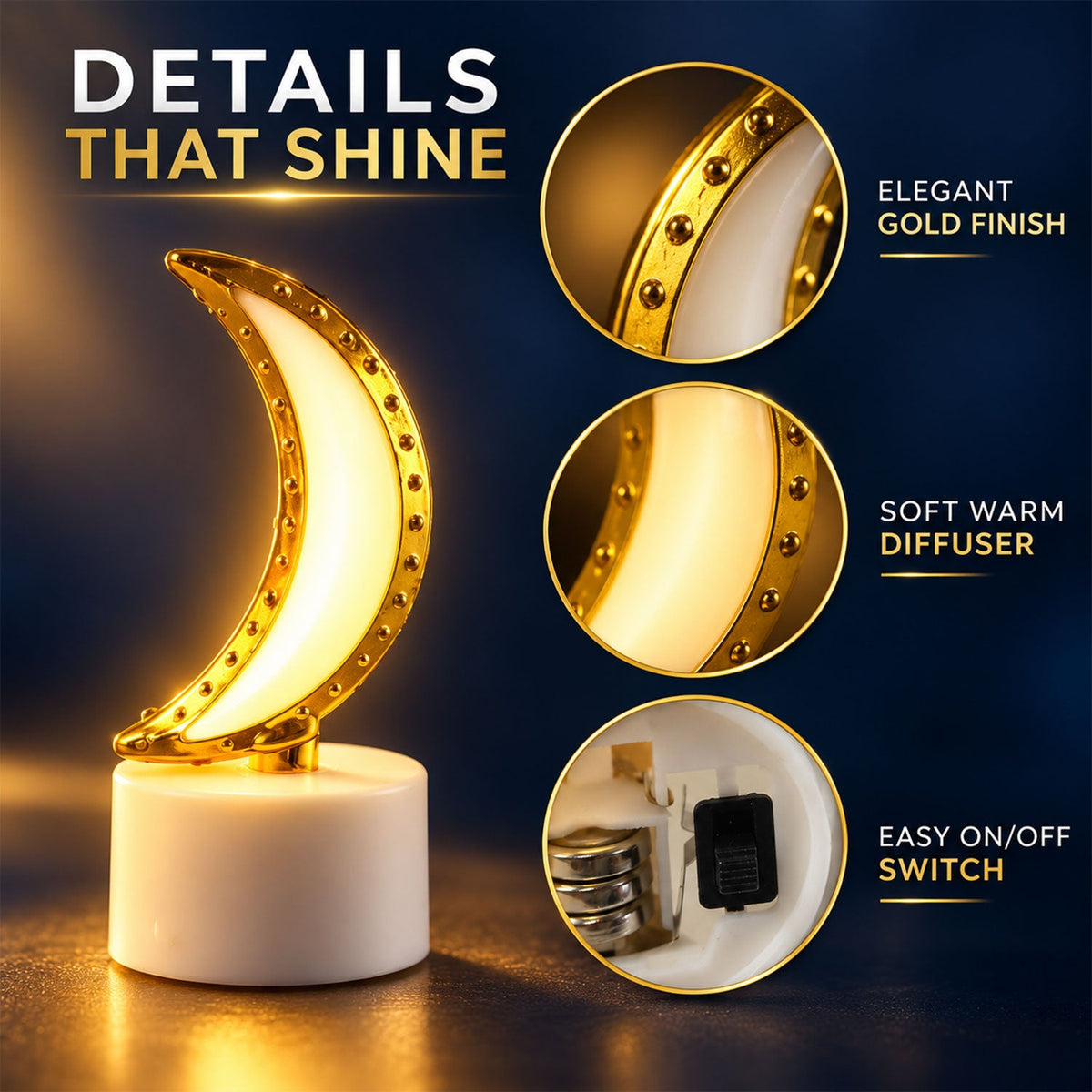 A single golden moon LED tealight with detailed close-ups of its elegant gold finish, soft warm diffuser, and easy on/off