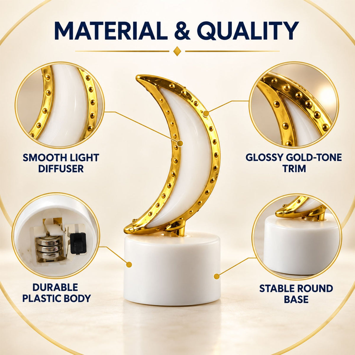 A golden moon LED tealight showcasing its smooth light diffuser, glossy gold-tone trim, durable plastic body, and stable