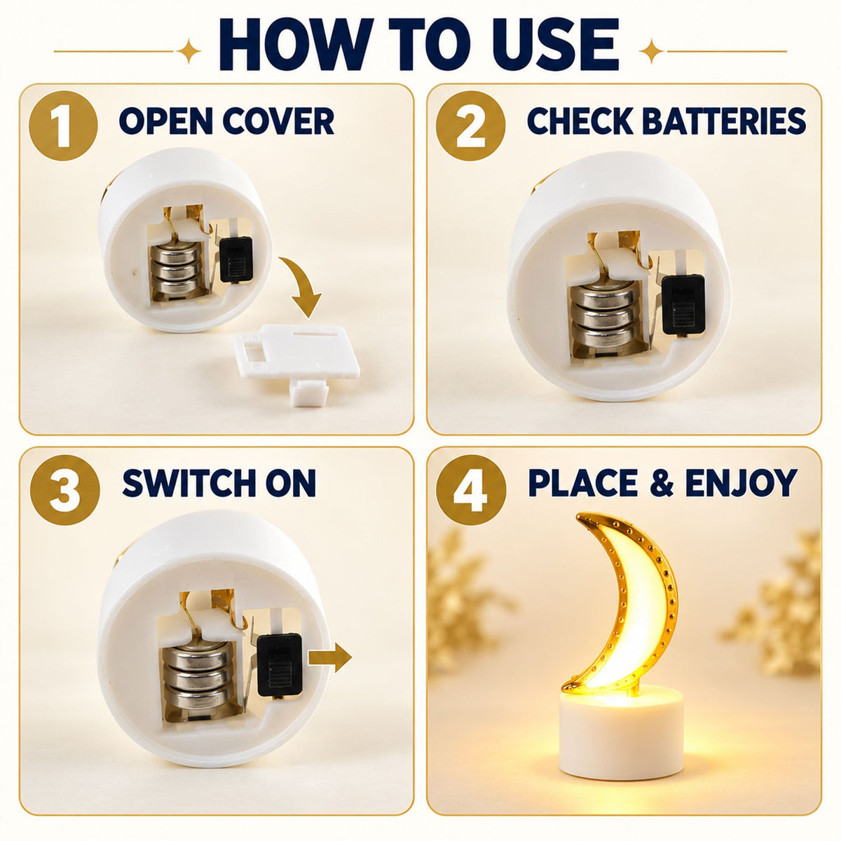 Four step-by-step instructions on how to use the LED tealight, including opening the cover, checking batteries, switching