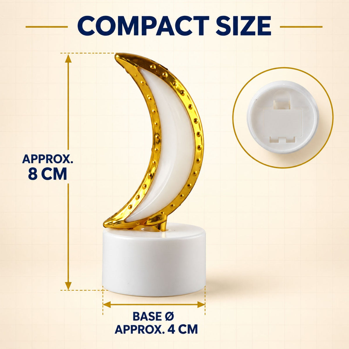 A single golden moon LED tealight with approximate dimensions of 8 cm height and 4 cm base diameter, highlighting its