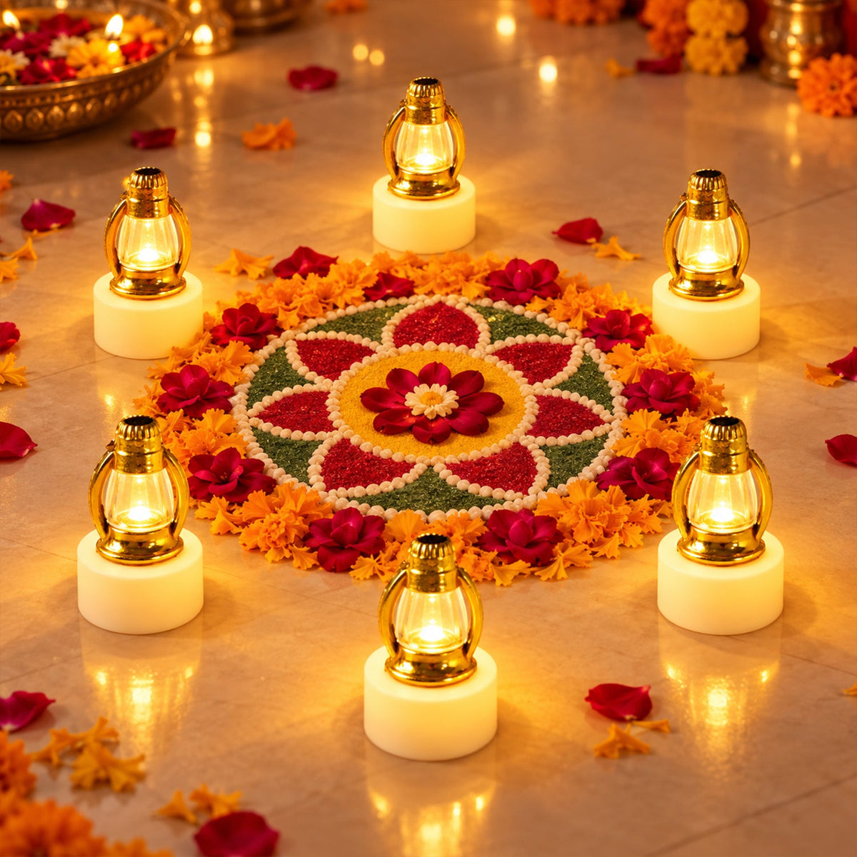 Six glowing miniature lanterns with golden tops and white bases surround a colorful floral rangoli design on a tiled floor.