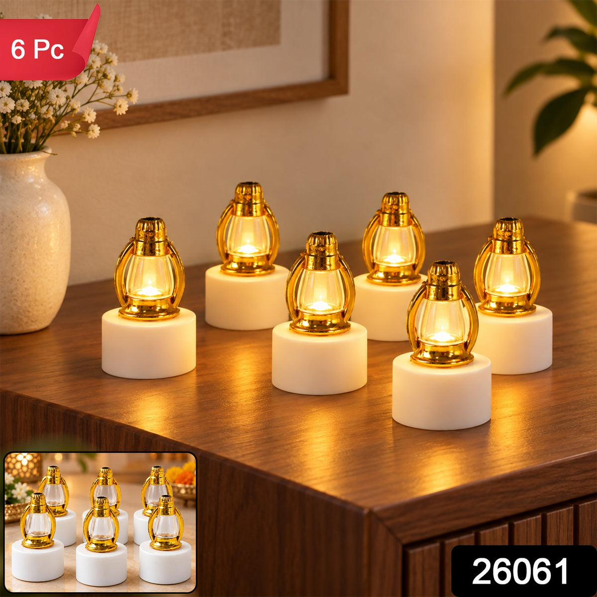 Six glowing mini lanterns with golden tops and white bases are arranged on a wooden table, with a small inset showing more