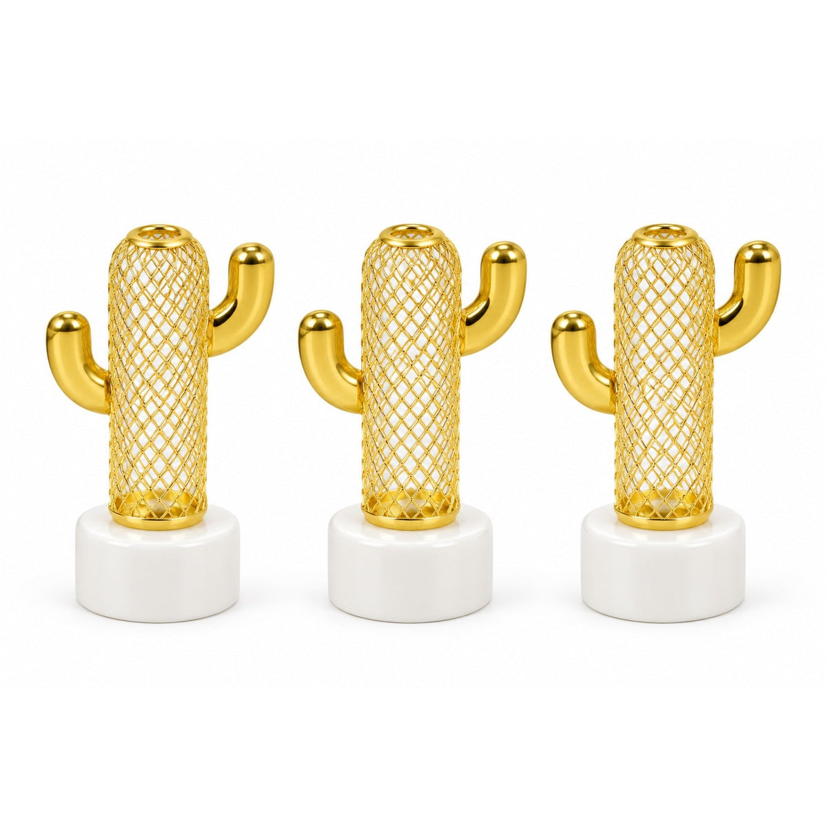 Three identical gold metal cactus lights with solid white bases are arranged in a row on a plain white background.