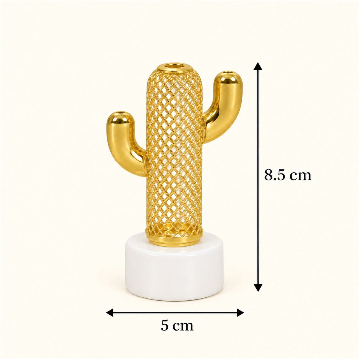 A single gold cactus light with a white base is shown with dimensions of 8.5 cm height and 5 cm width.