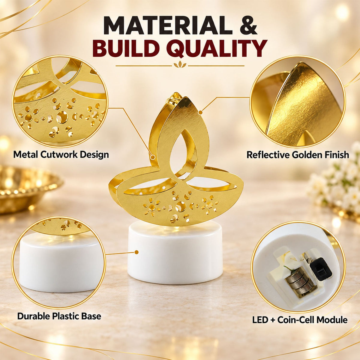 Golden diya LED tealight candles illuminating a dark setting