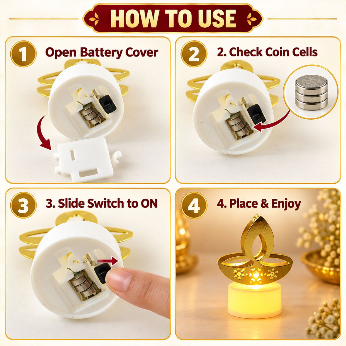 Multiple golden diya LED tealight candles with warm light