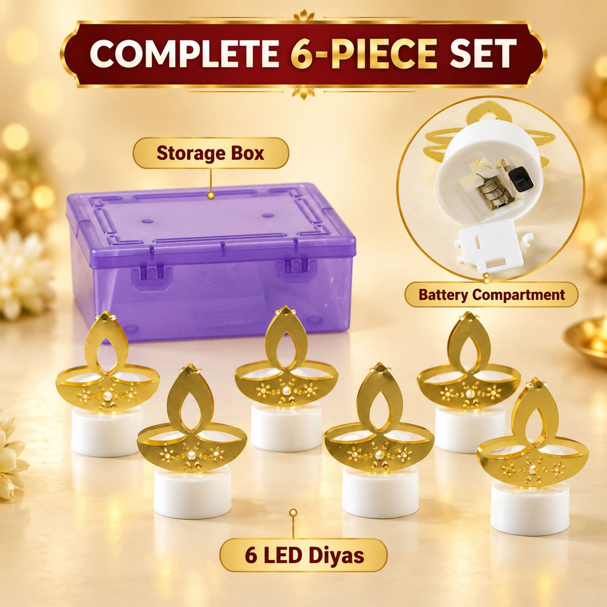 Golden diya LED tealight candles in a decorative display