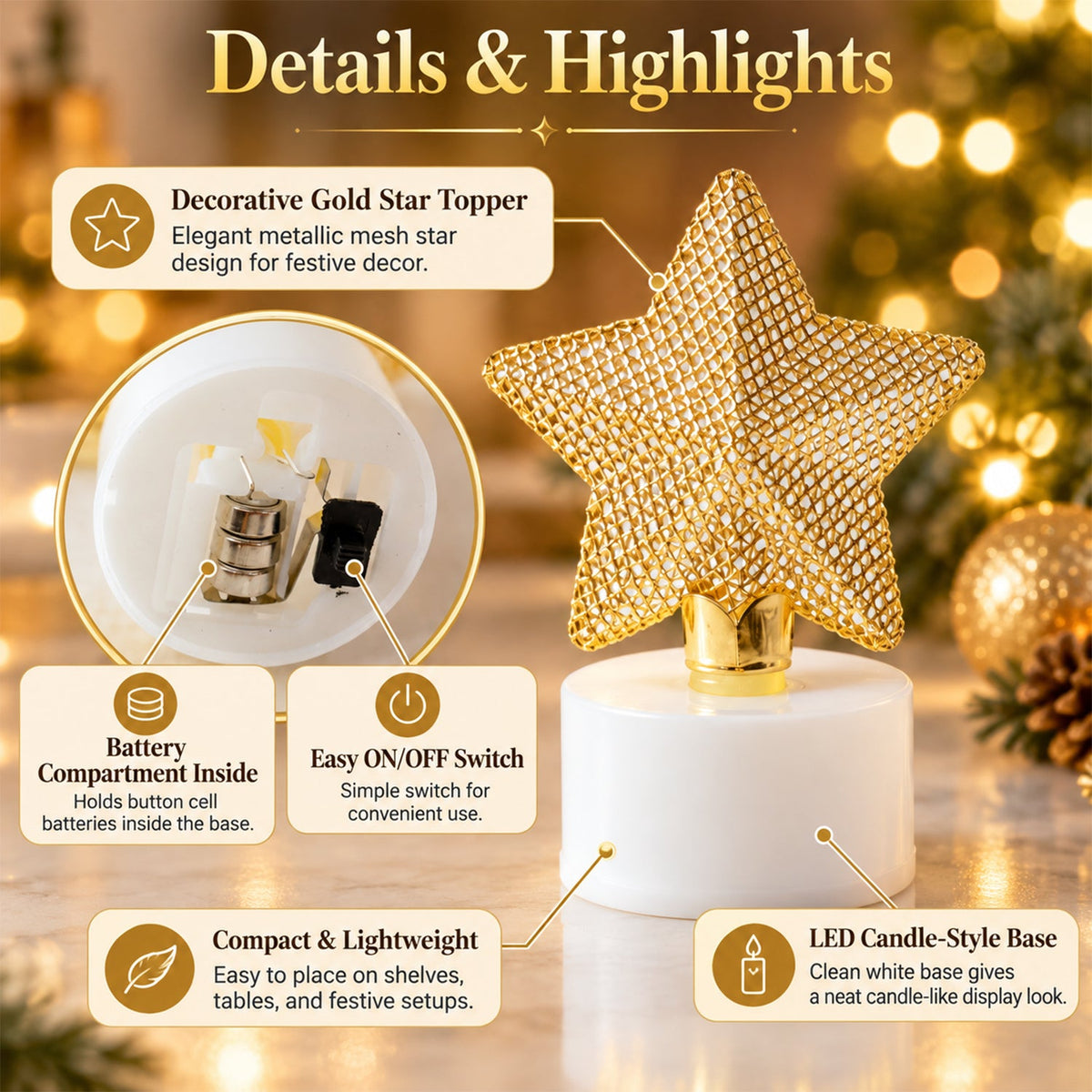 A single golden mesh star LED candle with a white base, surrounded by text highlighting product features and details.