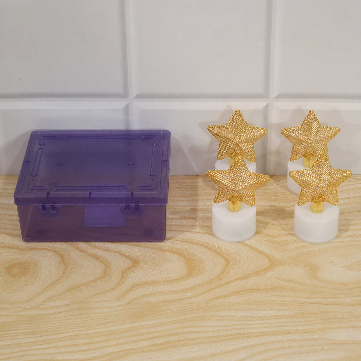 Actual plastic packaging for the golden star LED flameless candles set