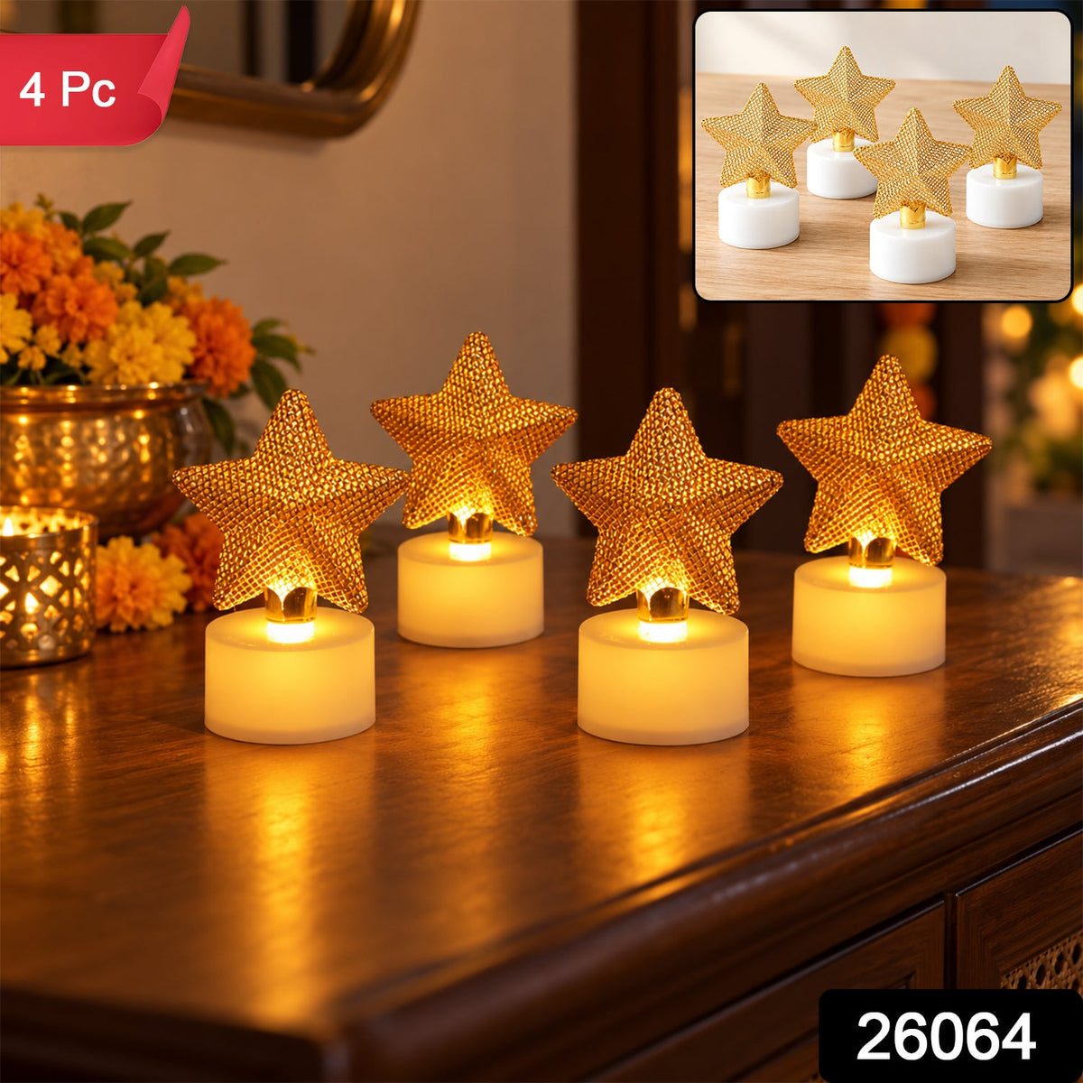 Four golden mesh star LED candles with white bases glow on a wooden table, with a small inset showing a similar set.