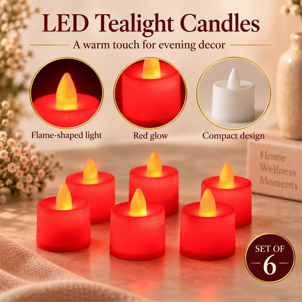 Six red LED tealight candles on a table, with three inset circles showing flame shape, red glow, and compact design.