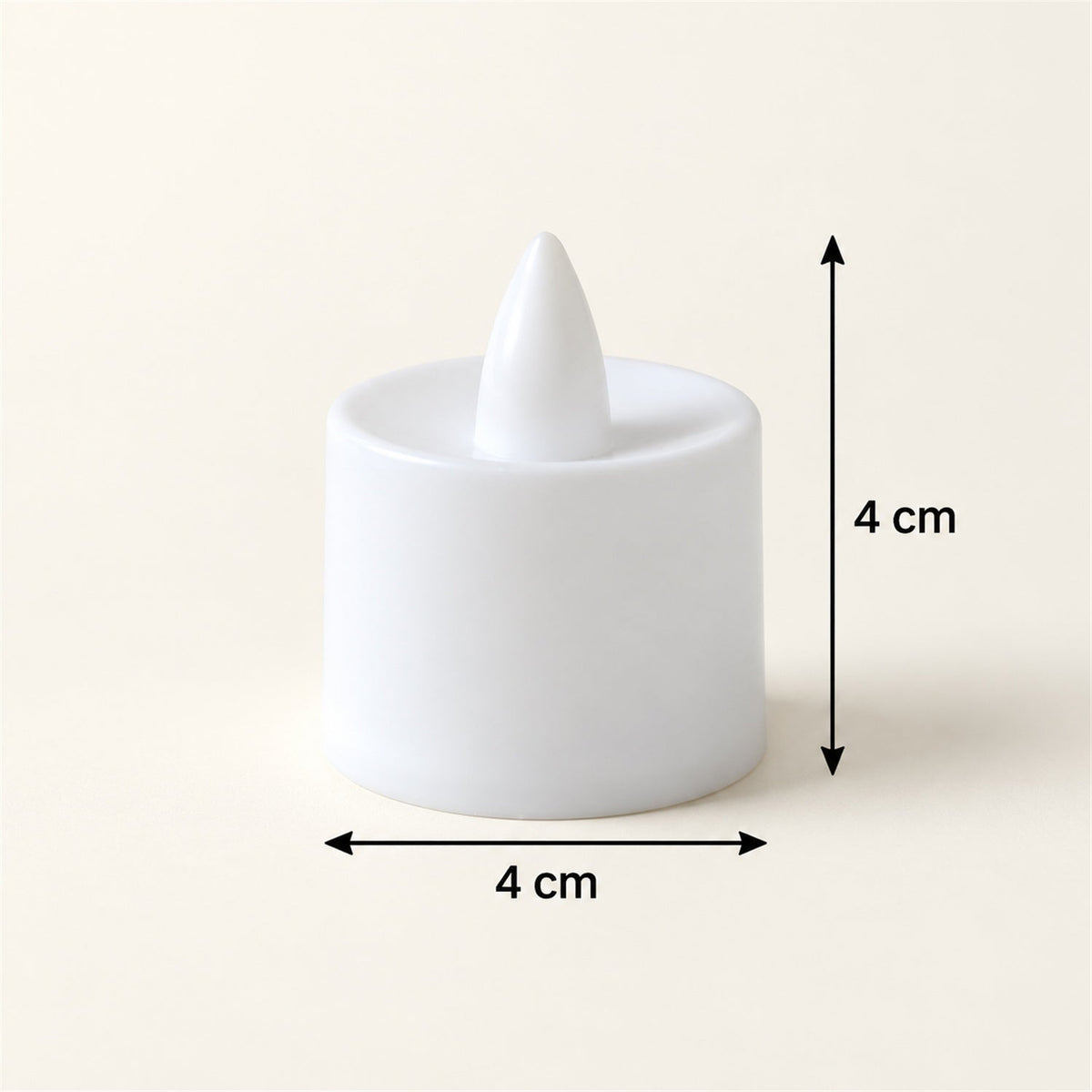 A single white flameless LED tealight candle with a pointed top, displaying its 4 cm height and width dimensions.
