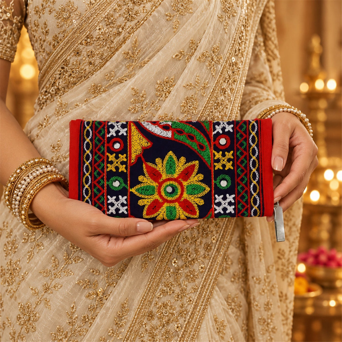 Traditional floral embroidered clutch wallet zip