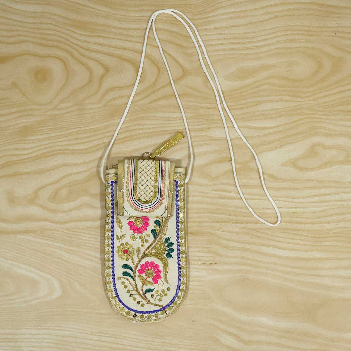 Traditional floral embroidered mobile sling pouch - actual product