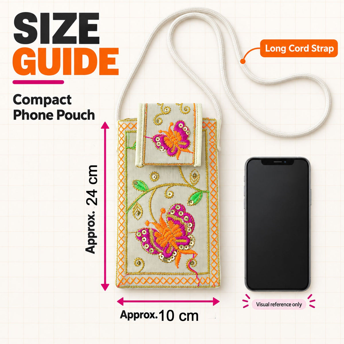 Traditional embroidered mobile sling pouch - dimensions