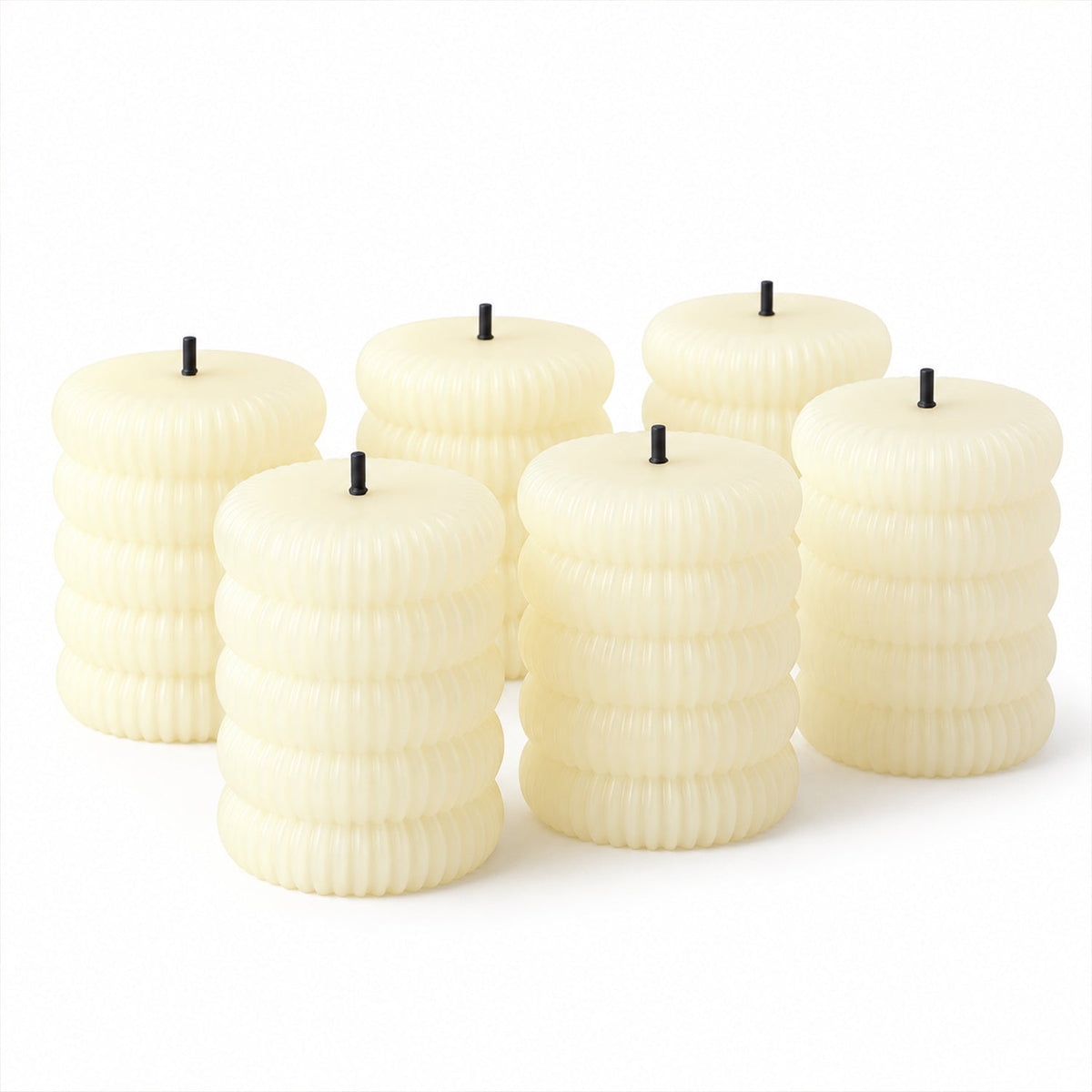 Six unlit cream-colored ribbed flameless LED tealight candles displayed against a plain white background.