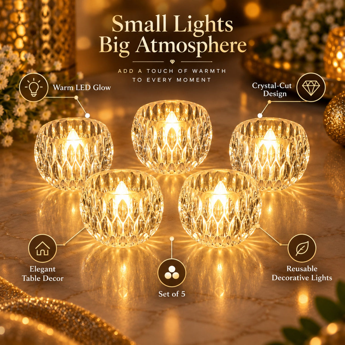 Five crystal LED tealights with a warm glow on a decorated surface, surrounded by text overlays.