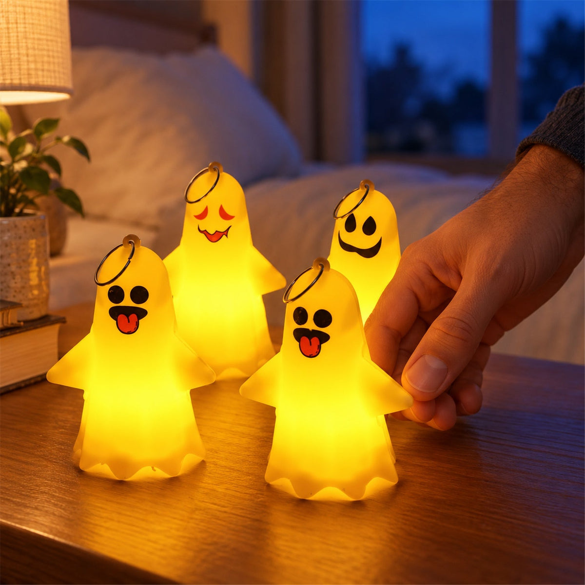 A hand reaches for one of four glowing ghost lights with different faces, arranged on a bedside table.