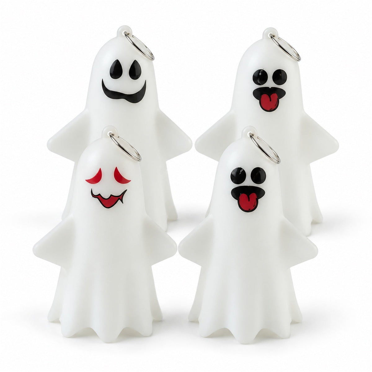 Four white ghost figures with varied facial expressions and silver hanging rings are arranged on a clean white background.