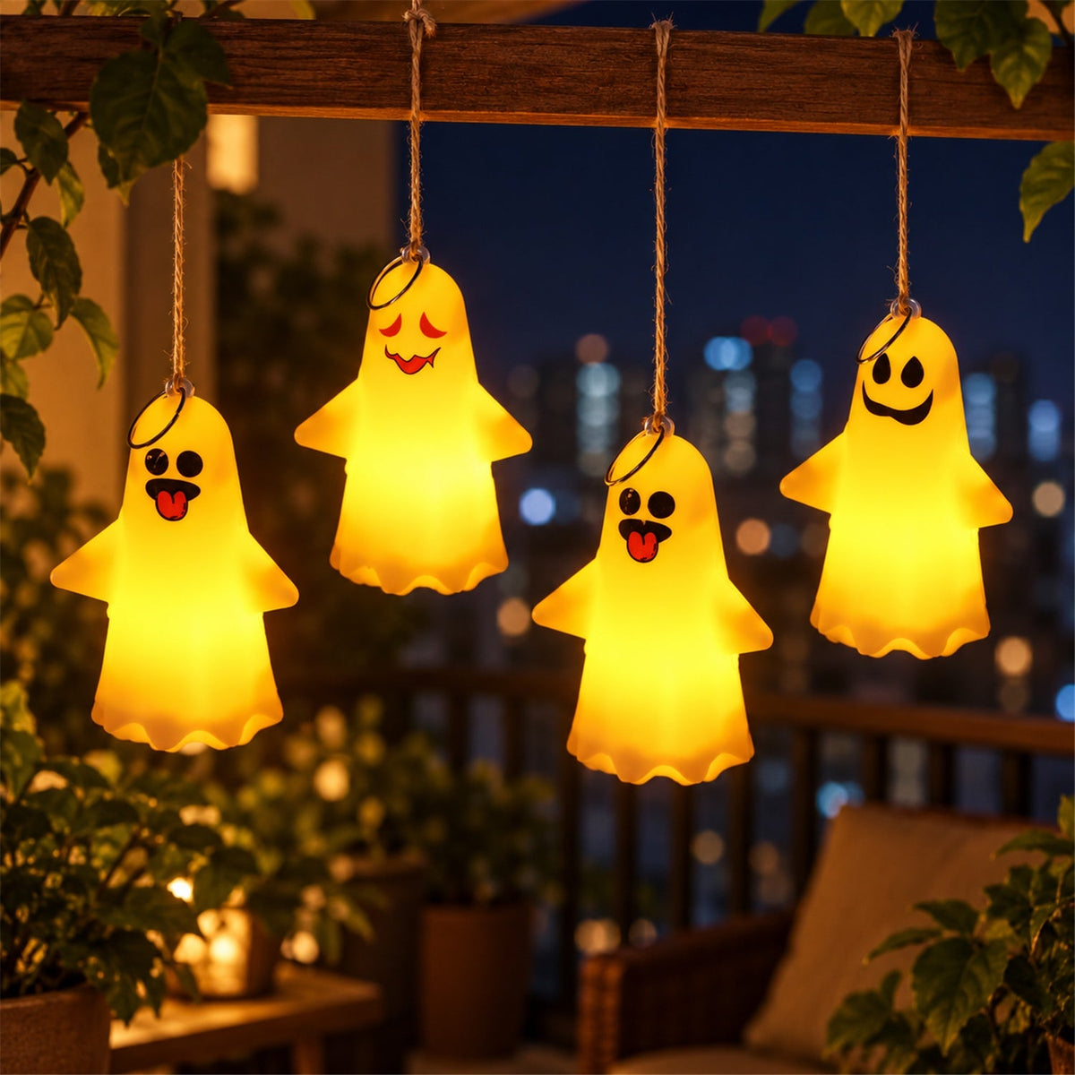 Four glowing ghost lights with unique faces hang from a wooden beam against a blurred city night background.