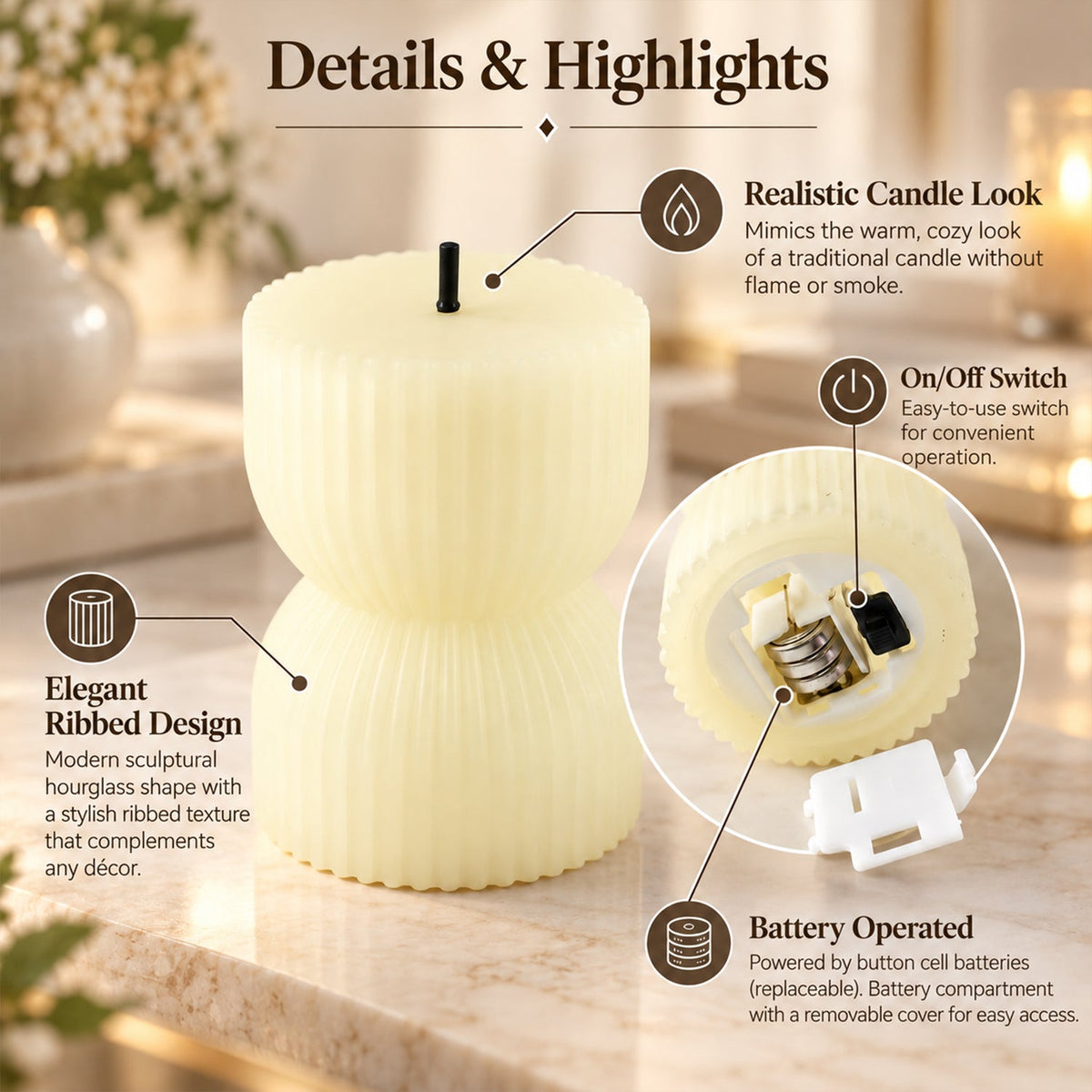 Detailed view of a single ribbed LED candle, highlighting its hourglass shape, realistic wick, and battery compartment.