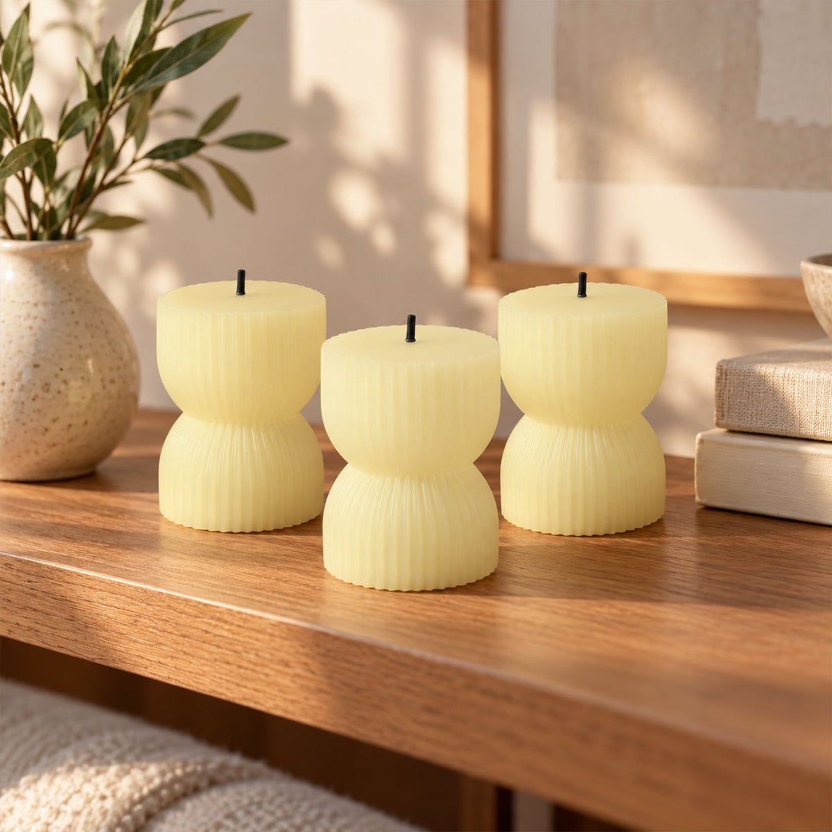 Three unlit cream-colored ribbed LED candles with black wicks on a wooden shelf next to a vase with green leaves.