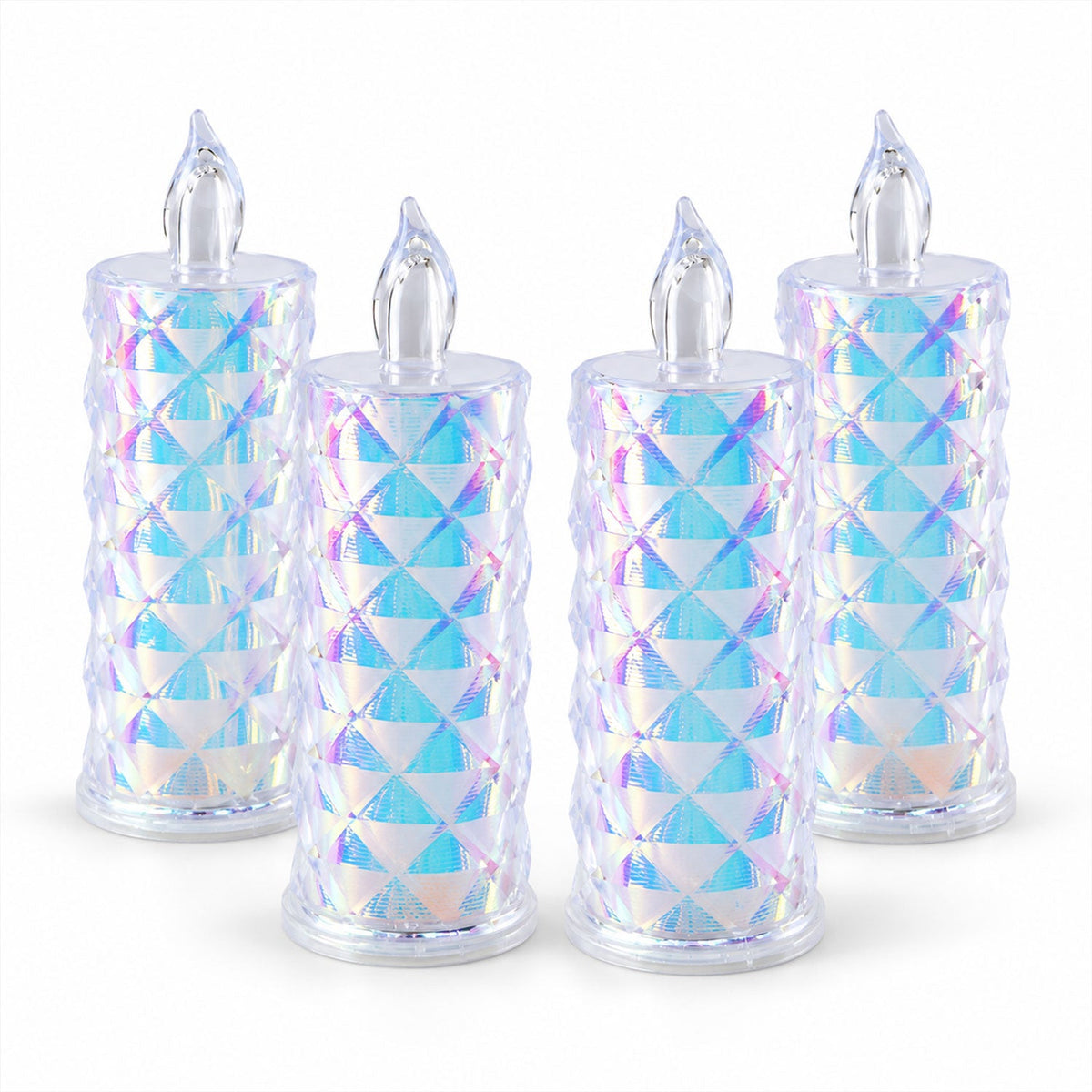 Four unlit crystal LED candles, featuring a diamond-cut pattern and iridescent finish, stand upright on a white surface.