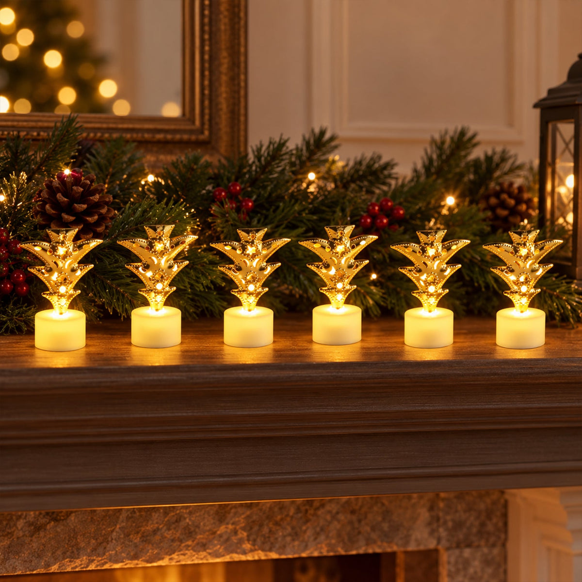 Six golden pineapple LED tealights illuminating a fireplace mantel adorned with evergreen garland.