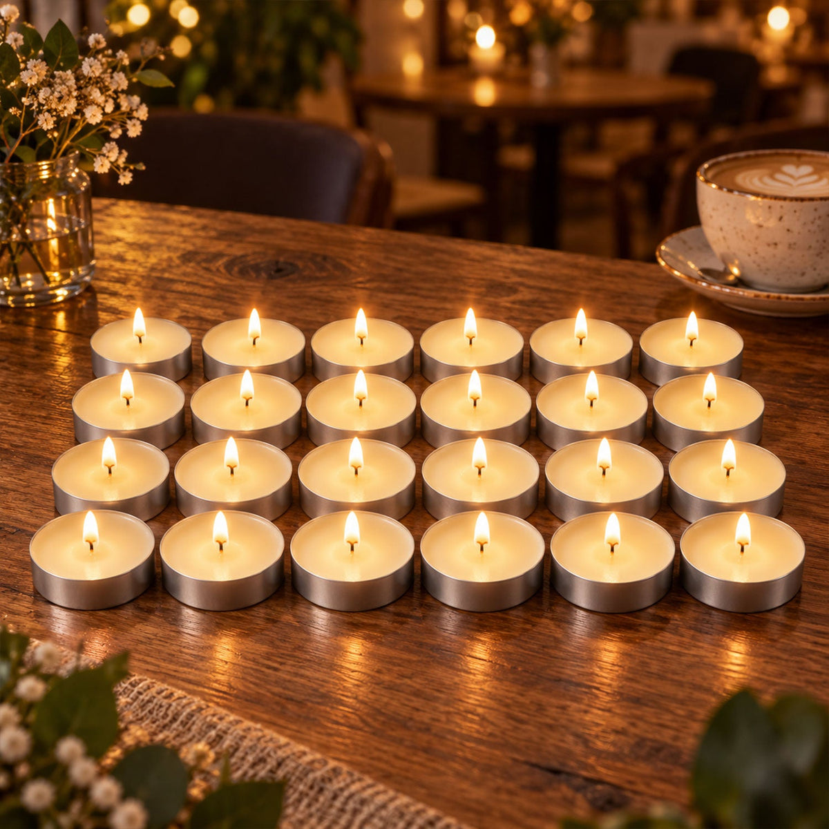 Twenty-four lit white tealight candles arranged in rows on a dark wooden table with blurred background lights.