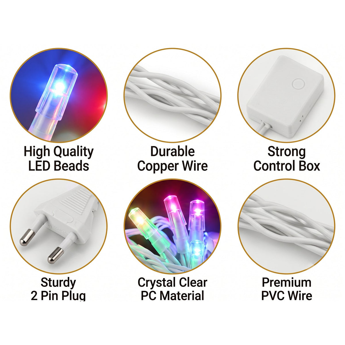 Six circular insets highlighting features like high-quality LED beads, copper wire, and a sturdy two-pin plug.