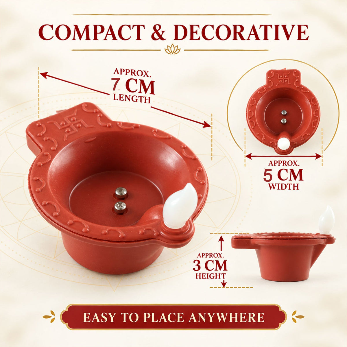 A red plastic diya with a white LED flame, displayed with approximate length, width, and height measurements in centimeters.