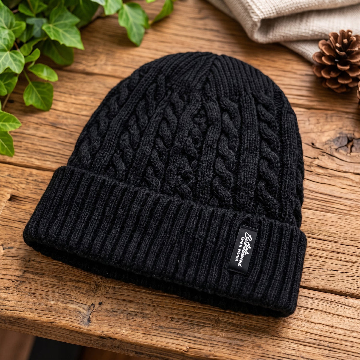 A black cable knit beanie with a ribbed cuff and brand label, resting on a rustic wooden table with green leaves.