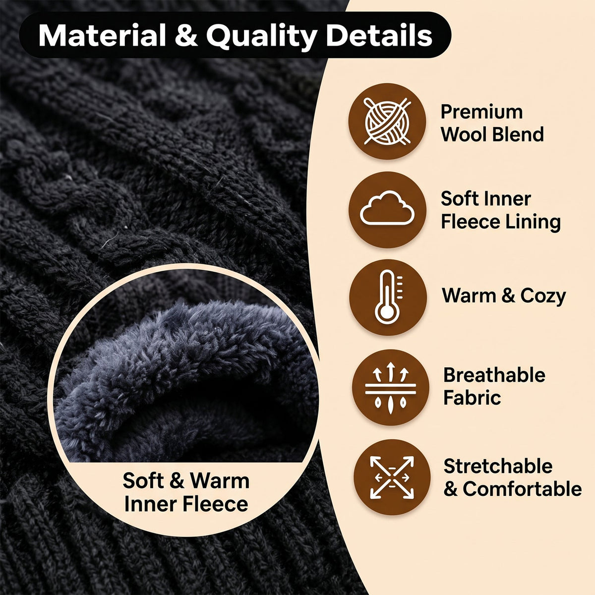 A close-up of a black cable knit beanie with a circular inset showing its soft, warm fleece lining.