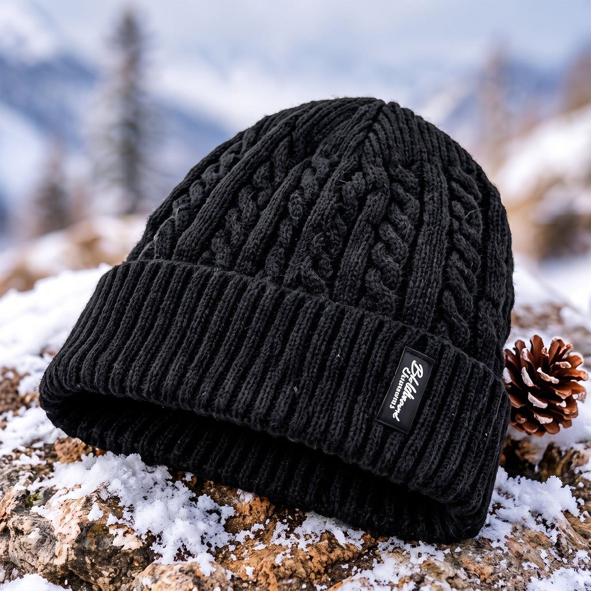 A black cable knit beanie with a ribbed cuff and brand label, placed on a snow-dusted rock with a pinecone nearby.