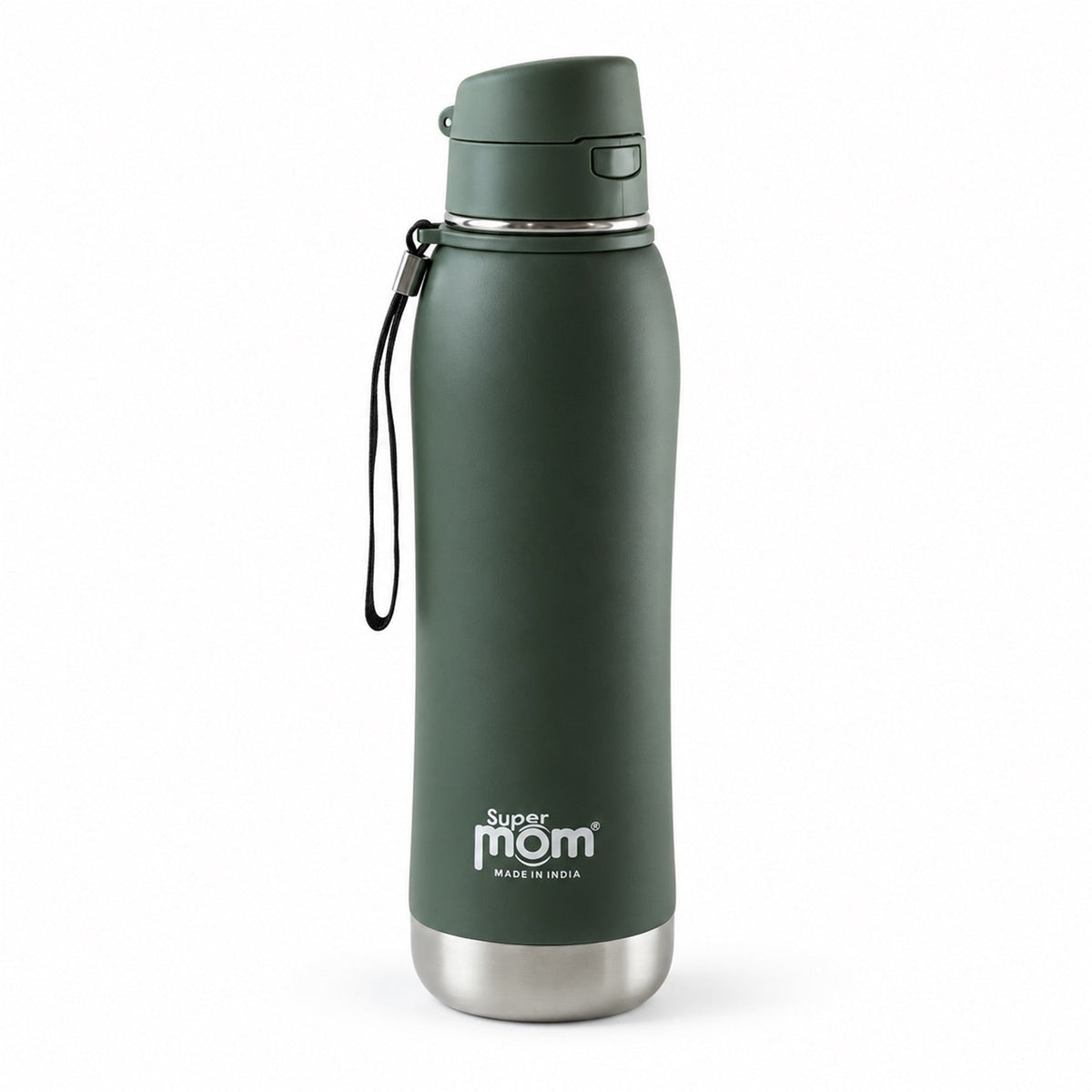 A dark green insulated stainless steel water bottle with a flip lid and wrist strap stands upright on a white background.