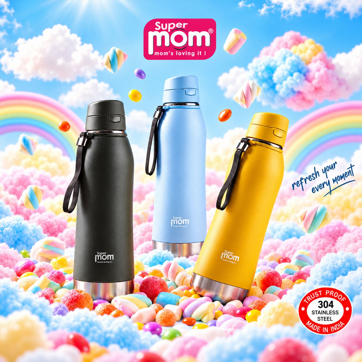 Three insulated water bottles in black, light blue, and yellow with flip lids and wrist straps, surrounded by colorful
