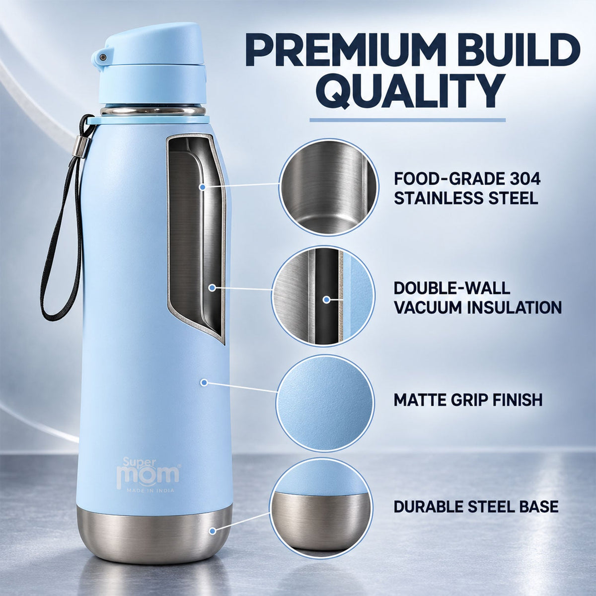 A light blue insulated water bottle with a cutaway view showing its double-wall insulation and a detailed steel base.
