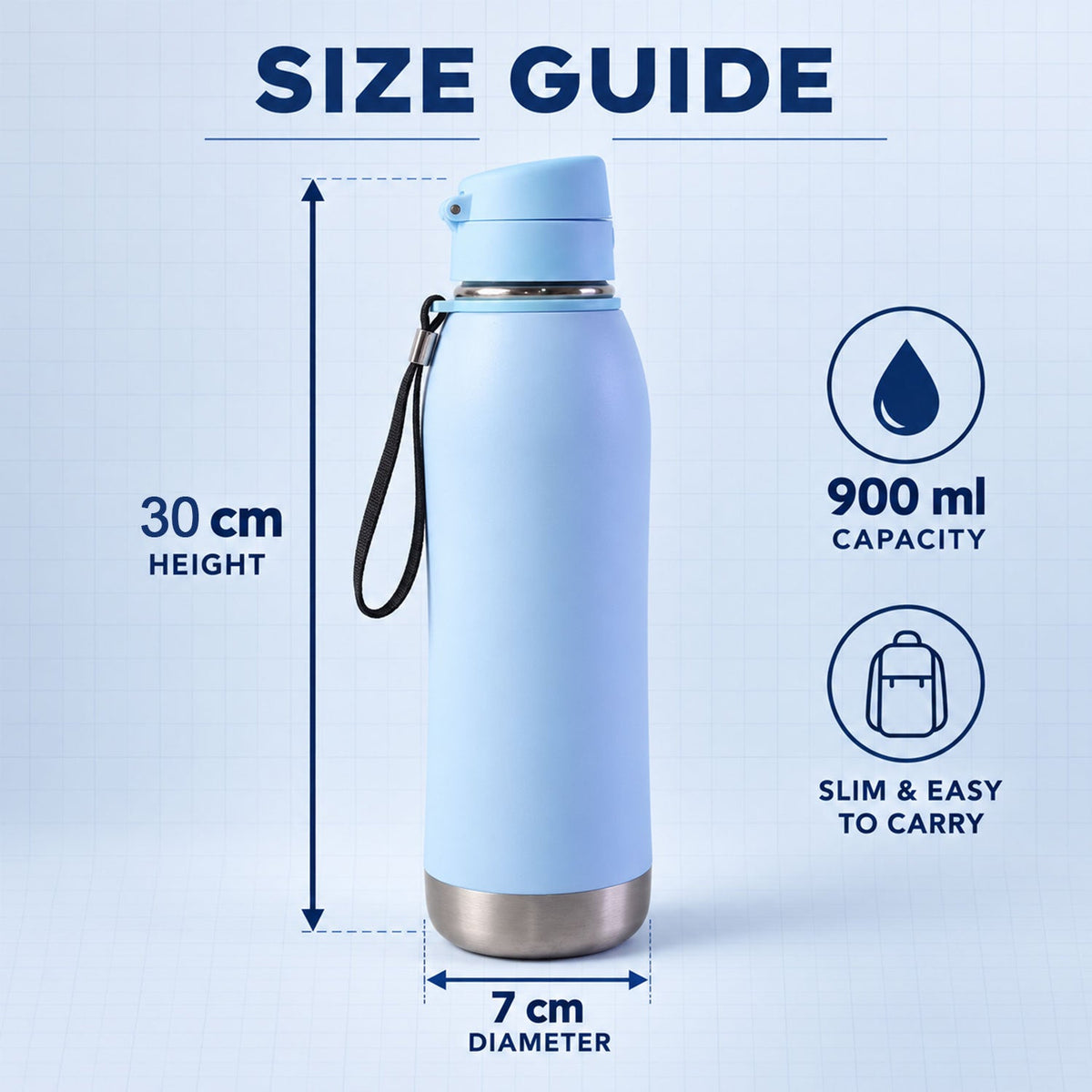 A light blue insulated water bottle with a flip lid and wrist strap, displayed with its height and diameter measurements.