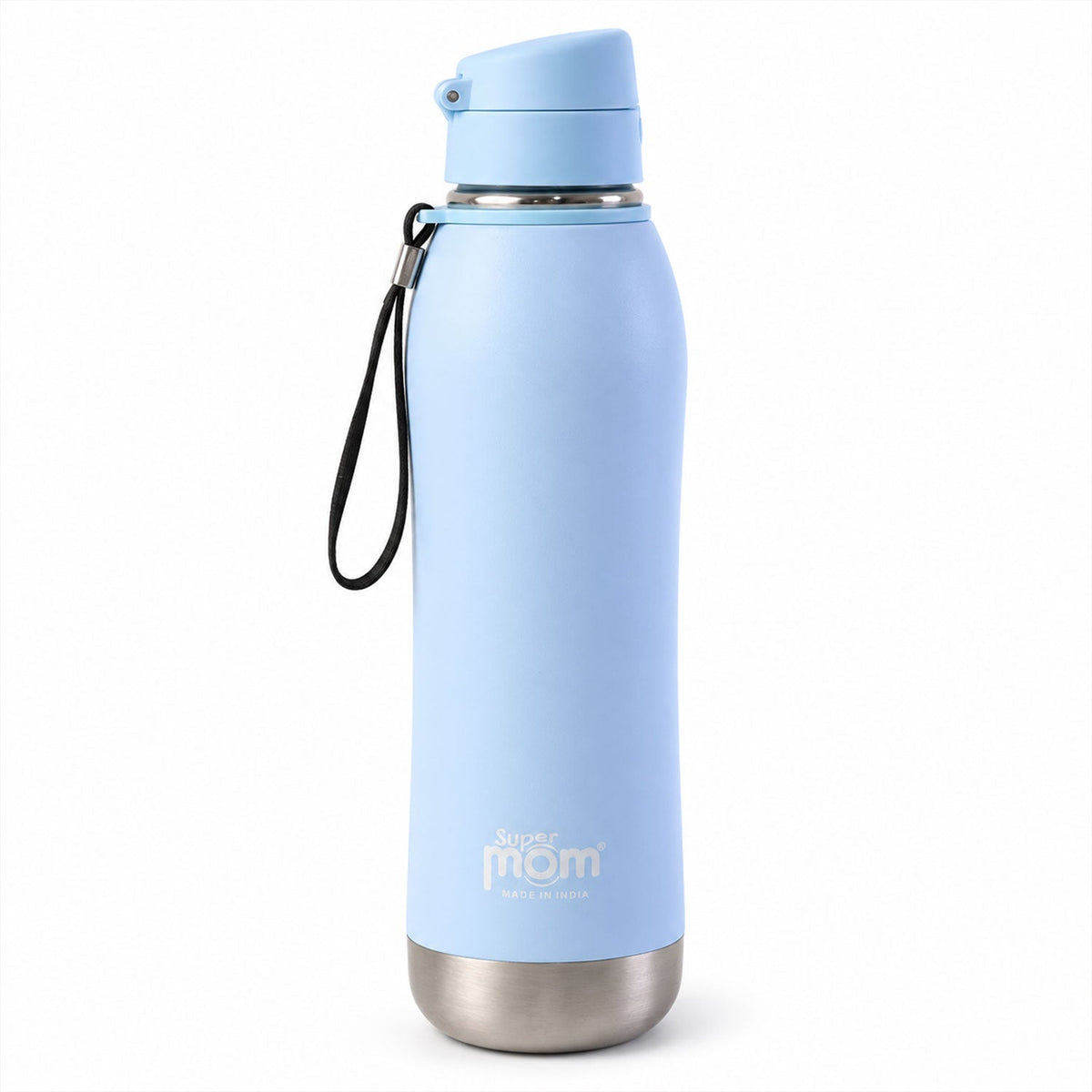 A light blue insulated water bottle with a flip lid and black wrist strap stands upright on a white surface.