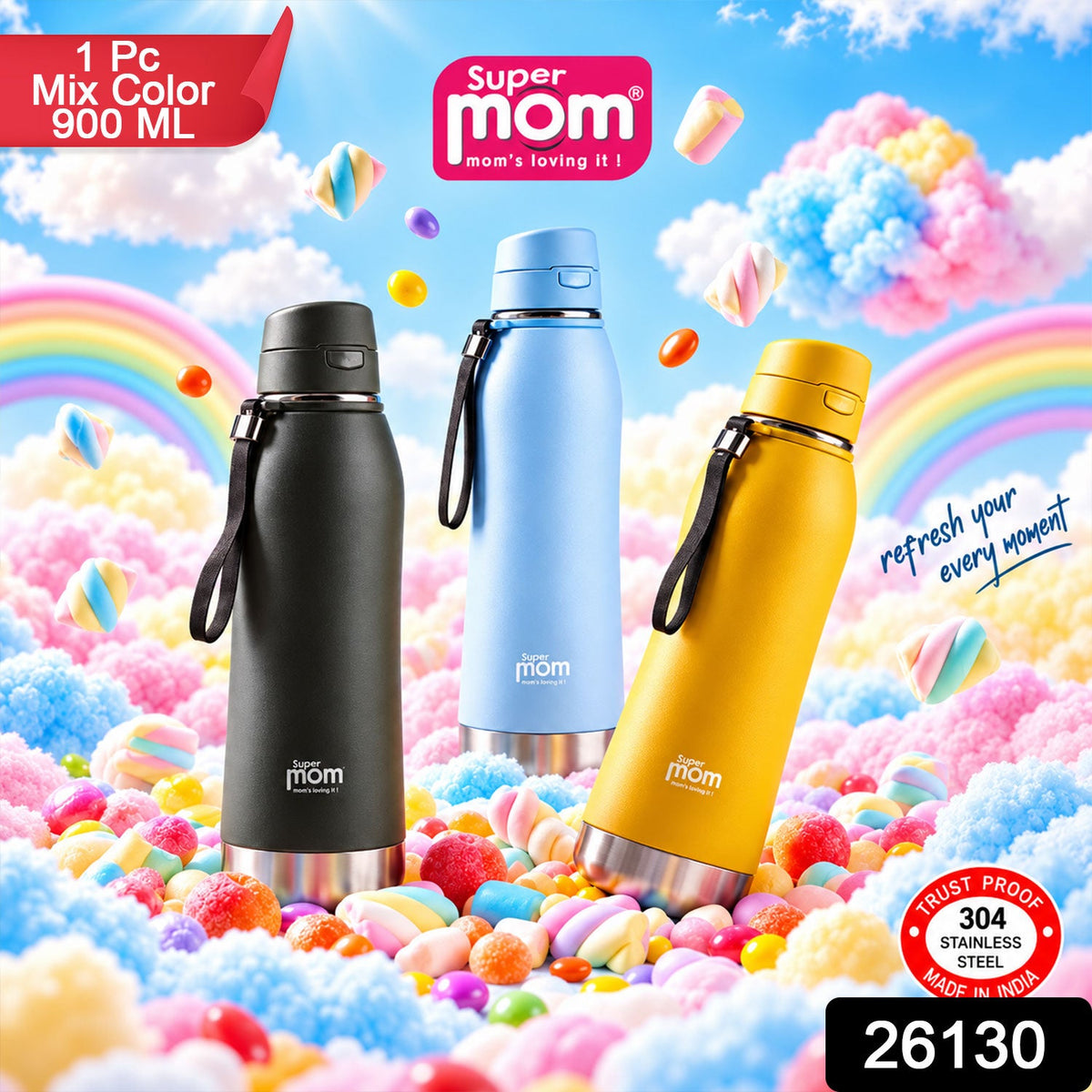 Three insulated water bottles in black, light blue, and yellow with flip lids and wrist straps, surrounded by â€“ view 2
