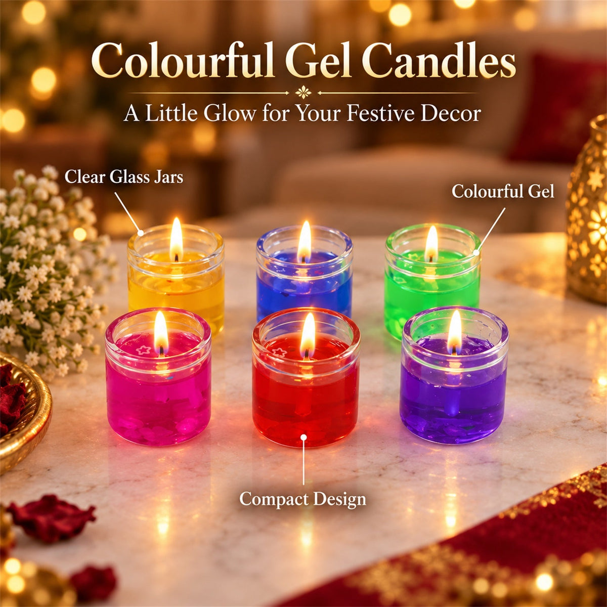 Six lit gel candles in glass jars, in yellow, blue, green, pink, red, and purple, arranged on a marble surface.