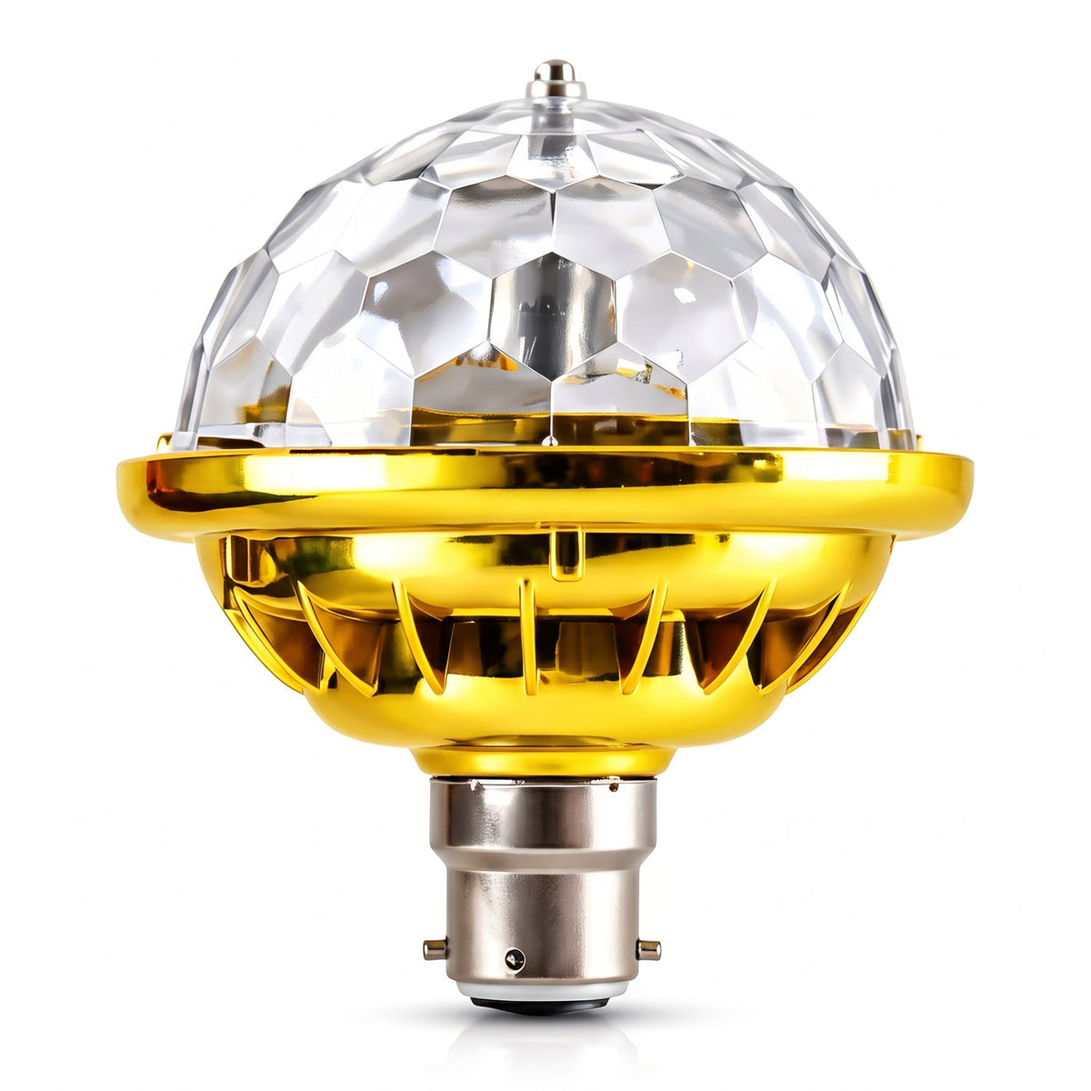 A close-up, eye-level shot of the gold and clear disco bulb with a B22 base against a plain white background.