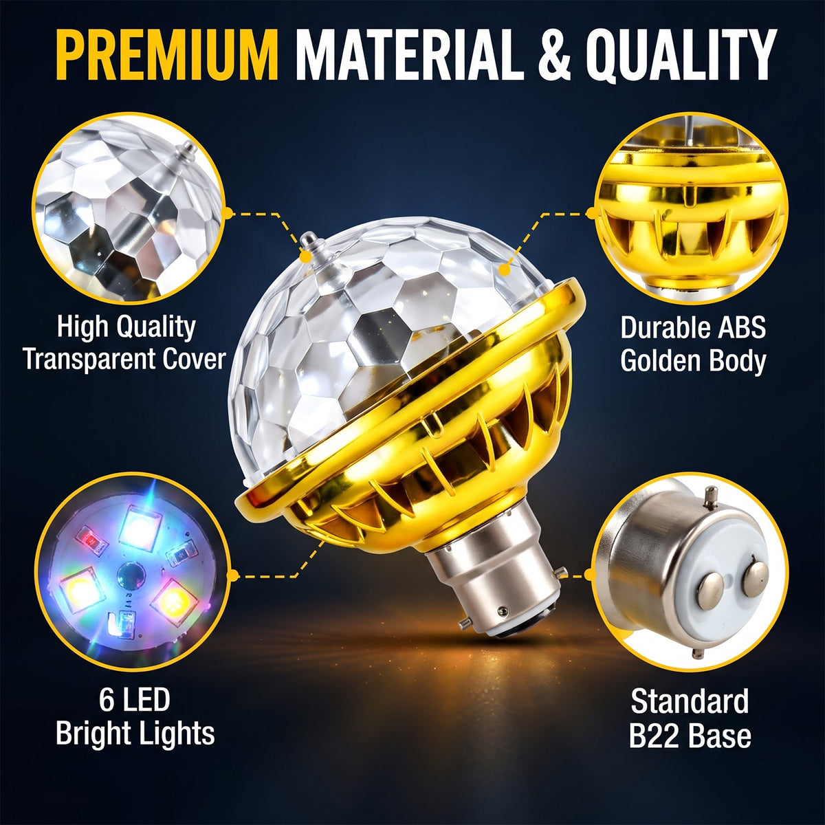 The gold and clear disco bulb is displayed with four circular insets highlighting its transparent cover, golden body, LEDs,