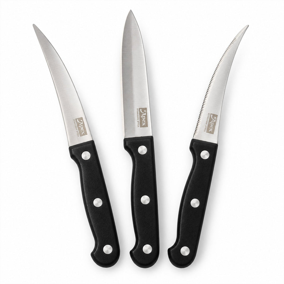 Stainless steel kitchen knife set with riveted handles - white background
